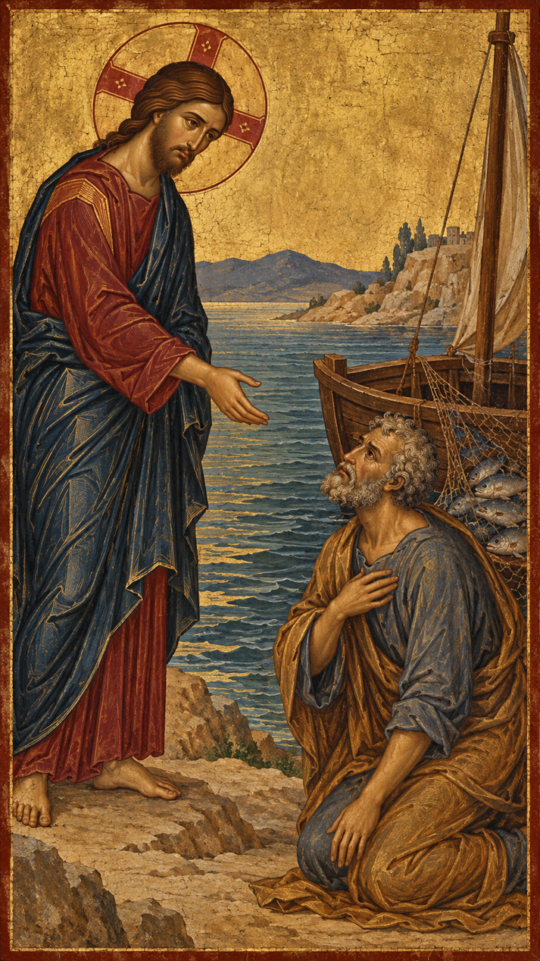Home 8 Traditional religious icon of Christ showing mercy to Saint Peter, who kneels beside a fishing boat.